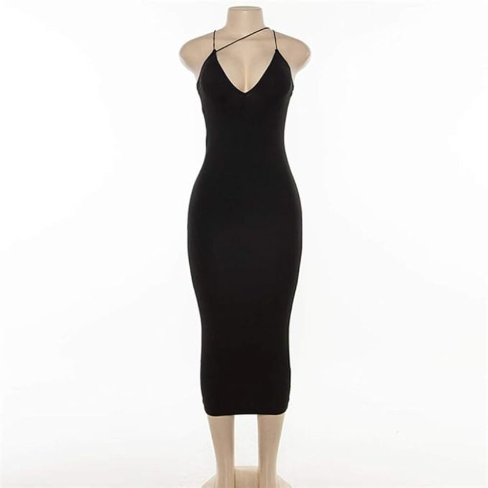 Black Bodycon Spaghetti Strap Midi Dress with Cross Front Detail
